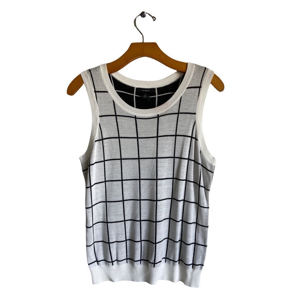 NWT Halogen Ivory/Black Patternedย Crew Neckโ Tank Top LargeโPetite